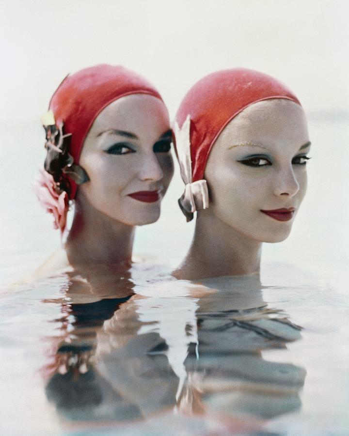 Models Wearing Pink Bathing Caps Photograph by Richard Rutledge