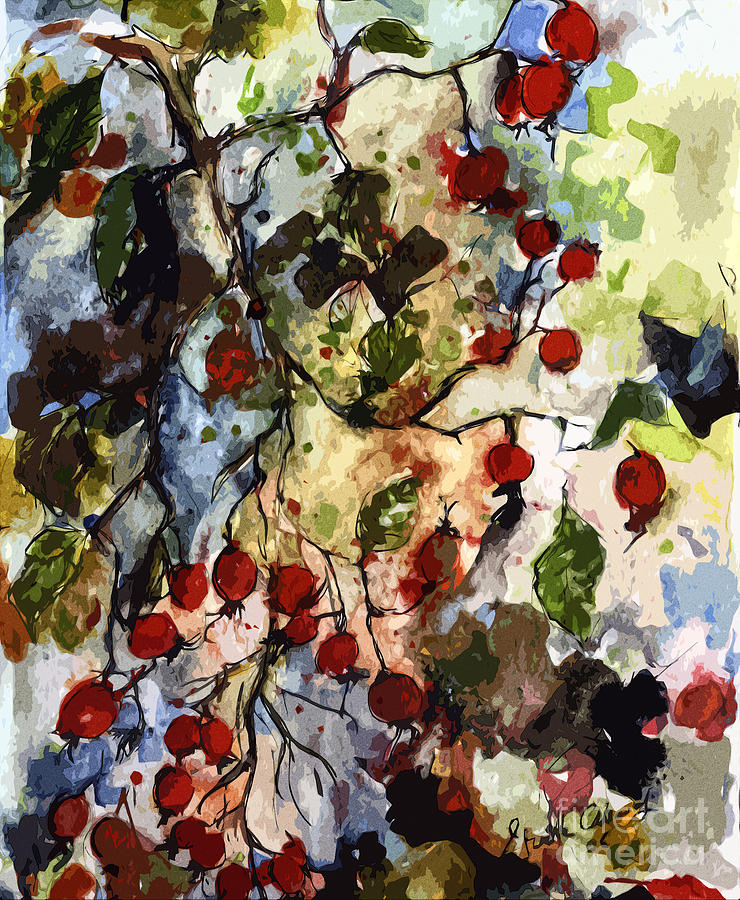 Modern Expressive Rosehips Botanical Art Painting by Ginette Callaway