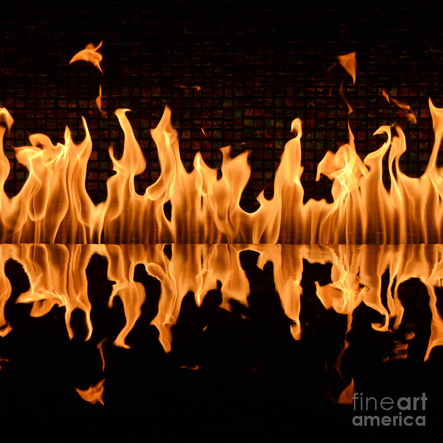 Modern Fireplace Fire Reflected in Water Feature No.4 Square Format Photograph by Shawn OBrien