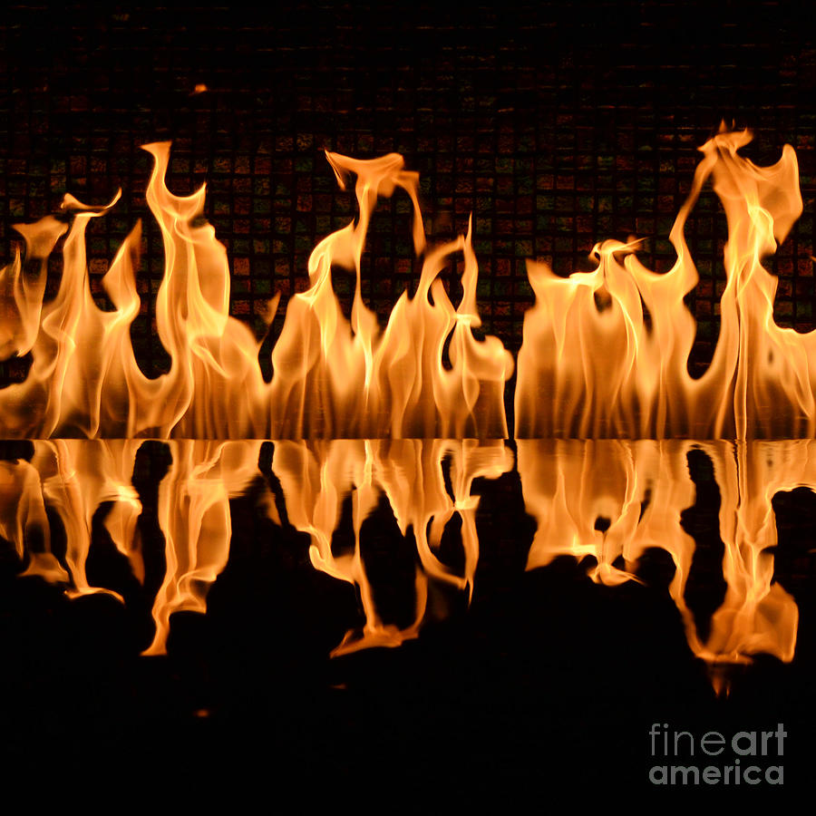 Modern Fireplace Fire Reflected in Water Feature No.5 Square Format Photograph by Shawn OBrien