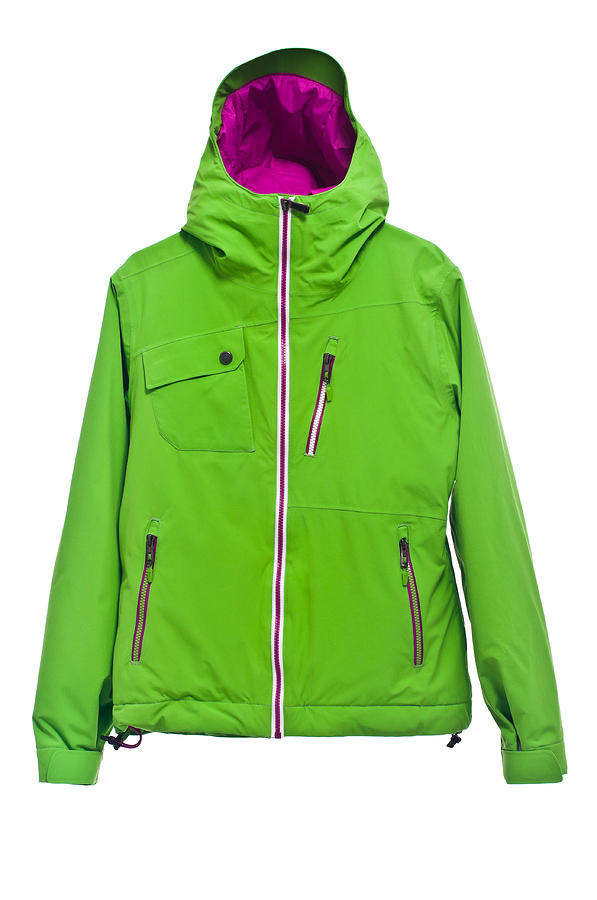 Modern green ski jacket isolated on white background, studio shot Photograph by Domin_domin