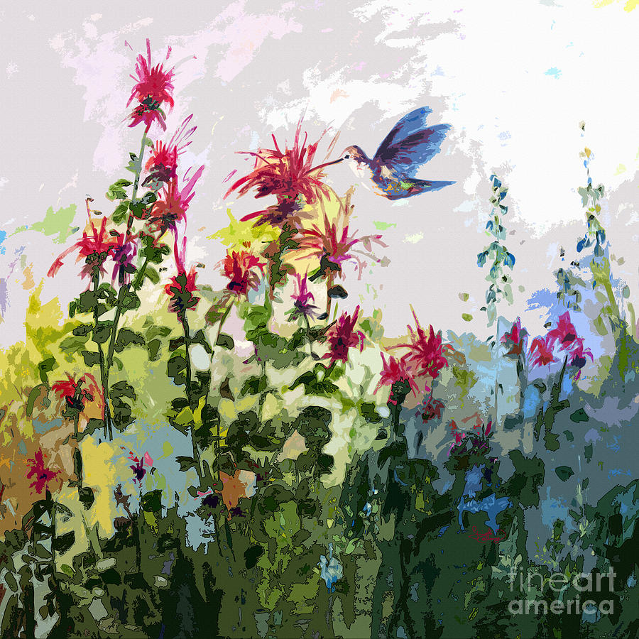 Modern Hummingbird and bee Balm  Painting by Ginette Callaway