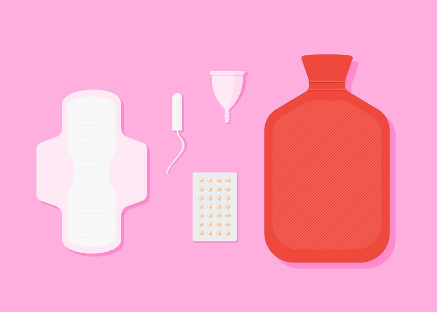 Modern Menstruation - absorbent, tampon, reusable period cup and hot water bottle Drawing by Flavio Coelho