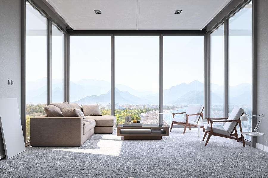 Modern Minimalist Living Room With Panoramic Ocean View Photograph by Imaginima