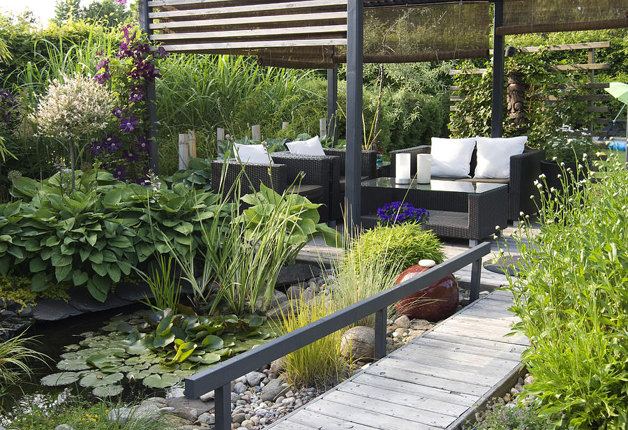 Modern patio garden lounge with a pond and outdoor sofas Photograph by Eirasophie