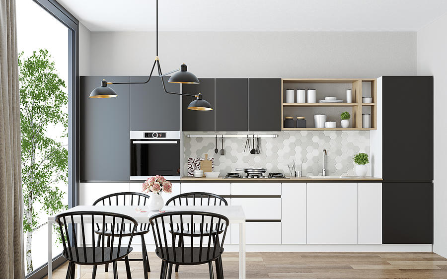 Modern Scandinavian kitchen and dining room Photograph by Tulcarion