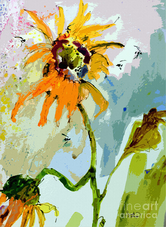 Abstract Painting - Modern Sunflowers and Bees Art by Ginette Callaway