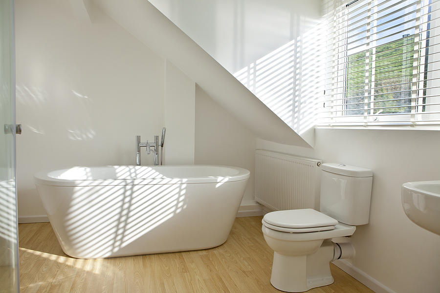 Modern white bathroom with toilet and sink Photograph by LockieCurrie