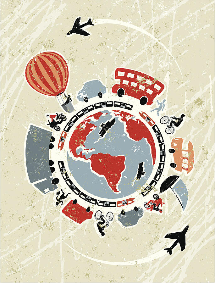 Modes of Transport Surrounding a Global World Map Drawing by Mhj