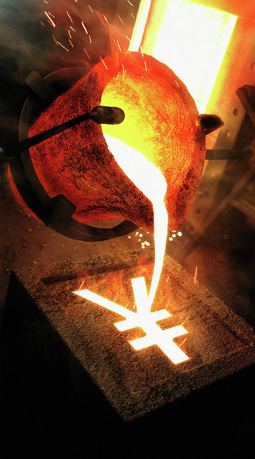 Molten Metal Pouring Into Yen Sign Mold Photograph by Ikon Ikon Images