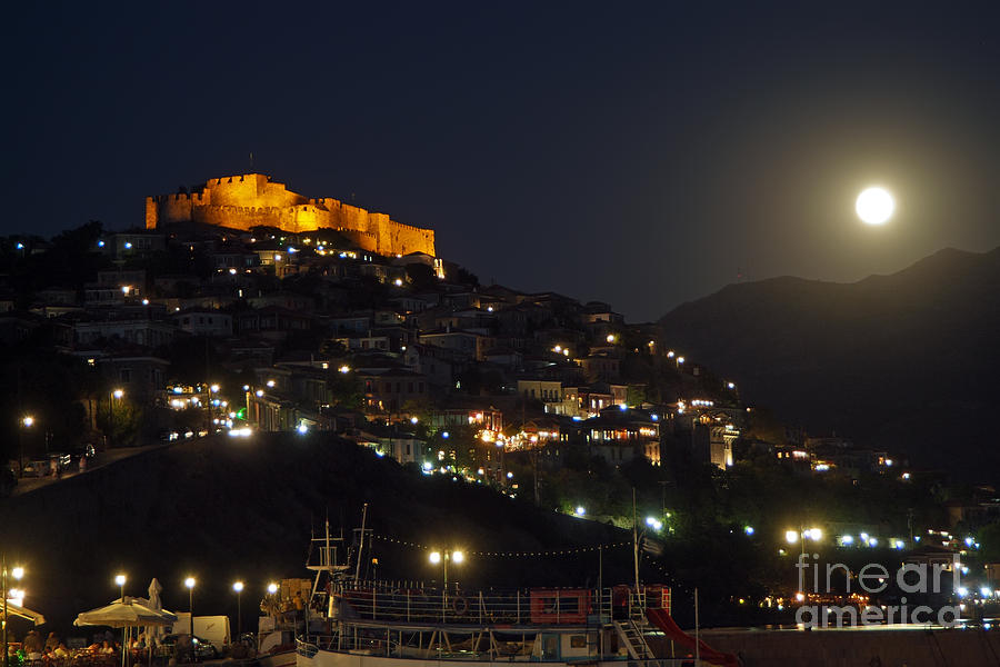 Molyvos village under full moon Photograph by George Atsametakis