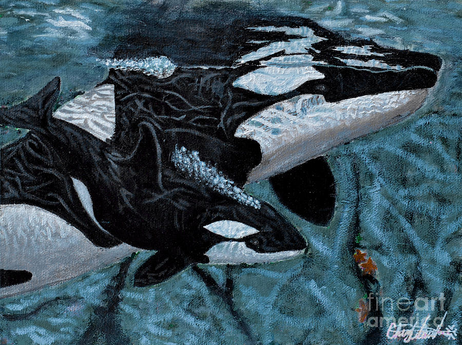 Mom and Baby Orcas Painting by Cheyenne Waugh