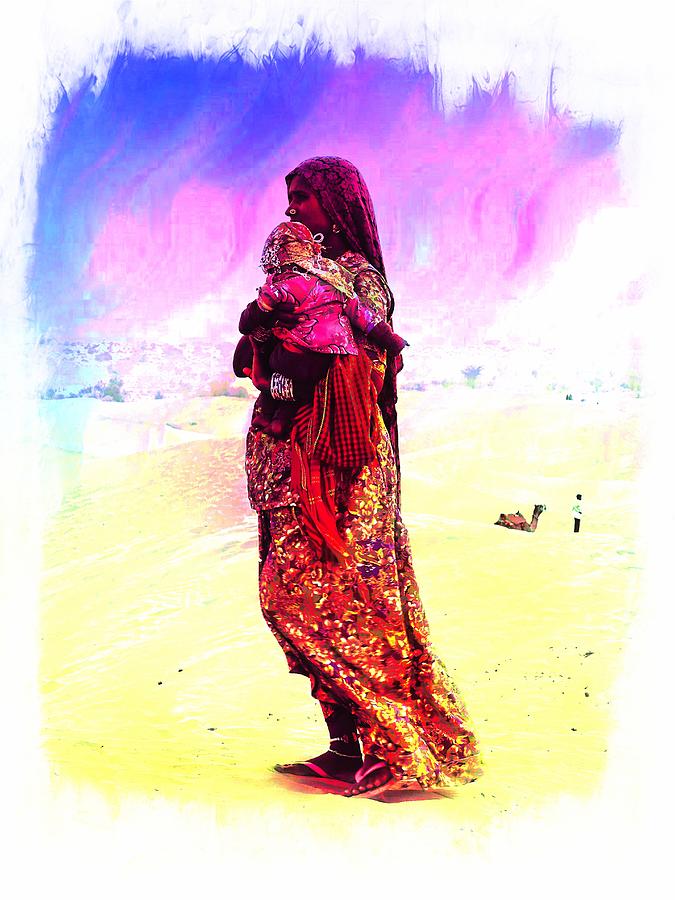 Sunset Photograph - Mom and Child Desert India by Sue Jacobi