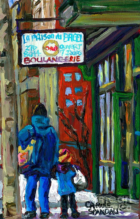 Mom And Tot Winter Walk For Bagels Montreal Paintings Canadian Art Snowscenes Carole Spandau Painting by Carole Spandau