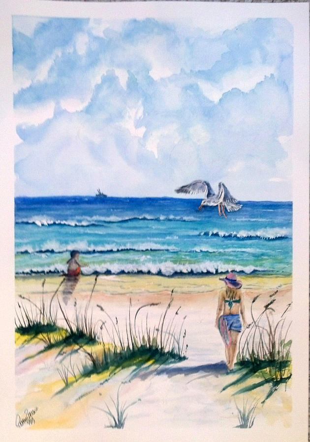 Mom Son Beach Painting by Richard Benson
