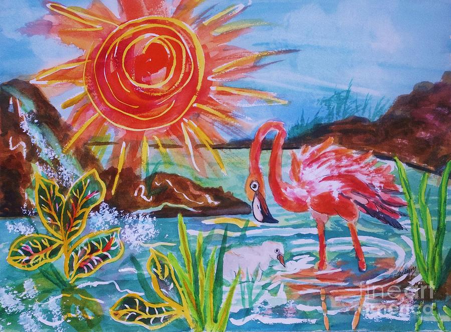 Flamingo Painting - Momma and Baby Flamingo Chillin In A Blue Lagoon  by Ellen Levinson
