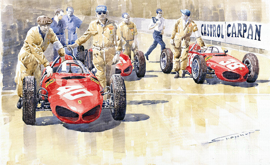 Watercolour Painting - Monaco GP 1961 Ferrari 156 Sharknose  by Yuriy Shevchuk