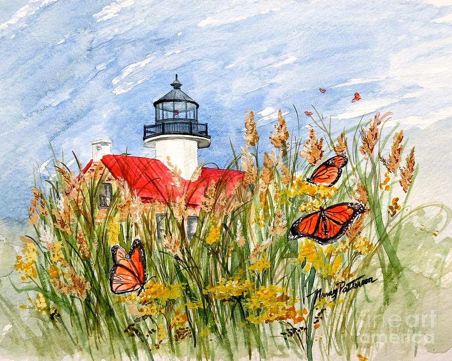 East Coast Lighthouse Painting - Monarch Butterflies at East Point Light by Nancy Patterson