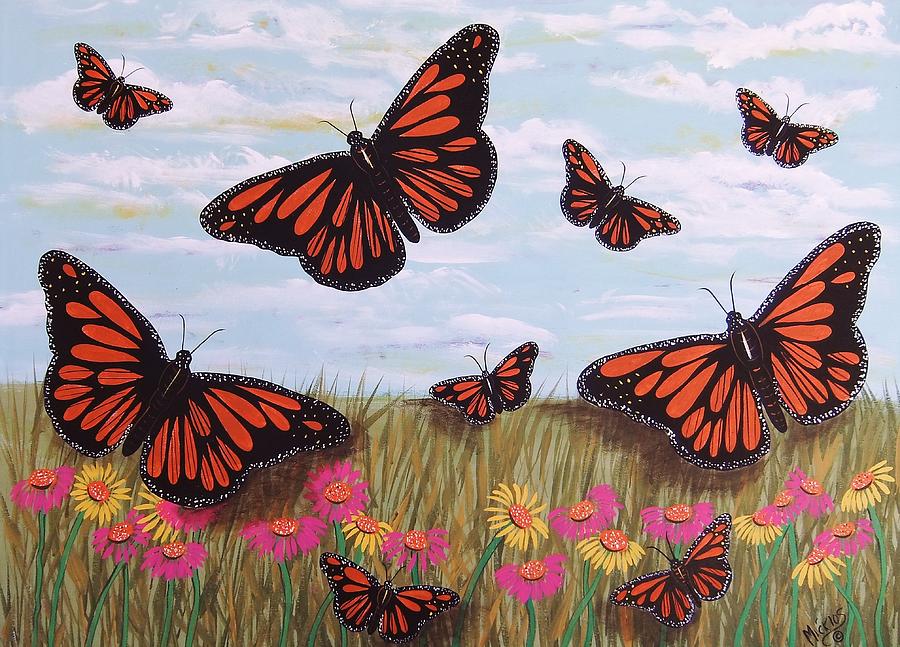 Monarch Butterflies with Wild Daisies  Painting by Cindy Micklos