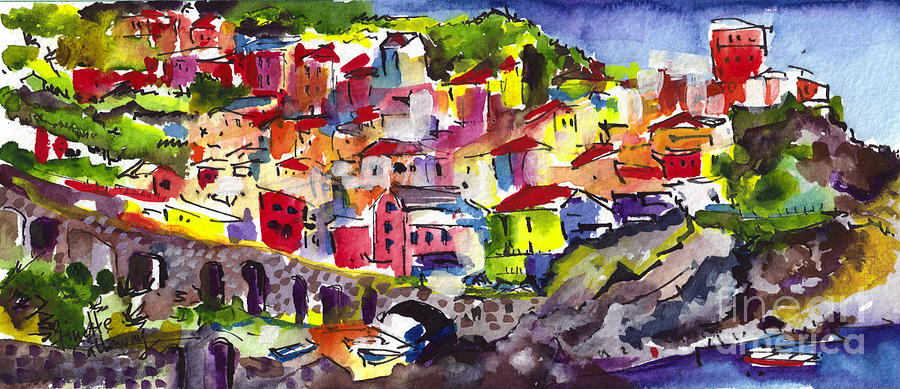 Manarola Italy Watercolor Painting by Ginette Callaway