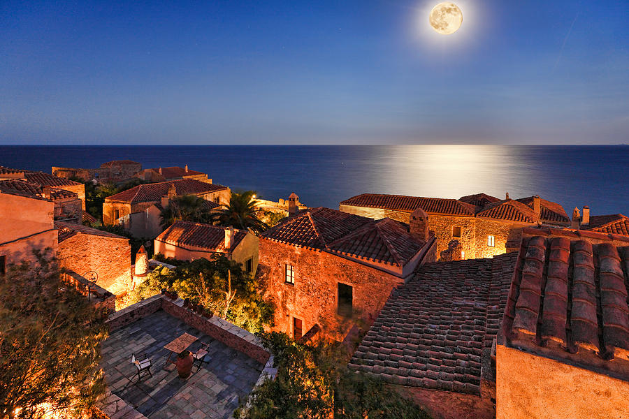 Monemvasia under the moonlight - Greece Photograph by Constantinos Iliopoulos