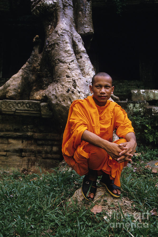 Architecture Photograph - Monk at Preah Khan Temple Angkor Wat ruins near Siem Reap Camb by Ryan Fox