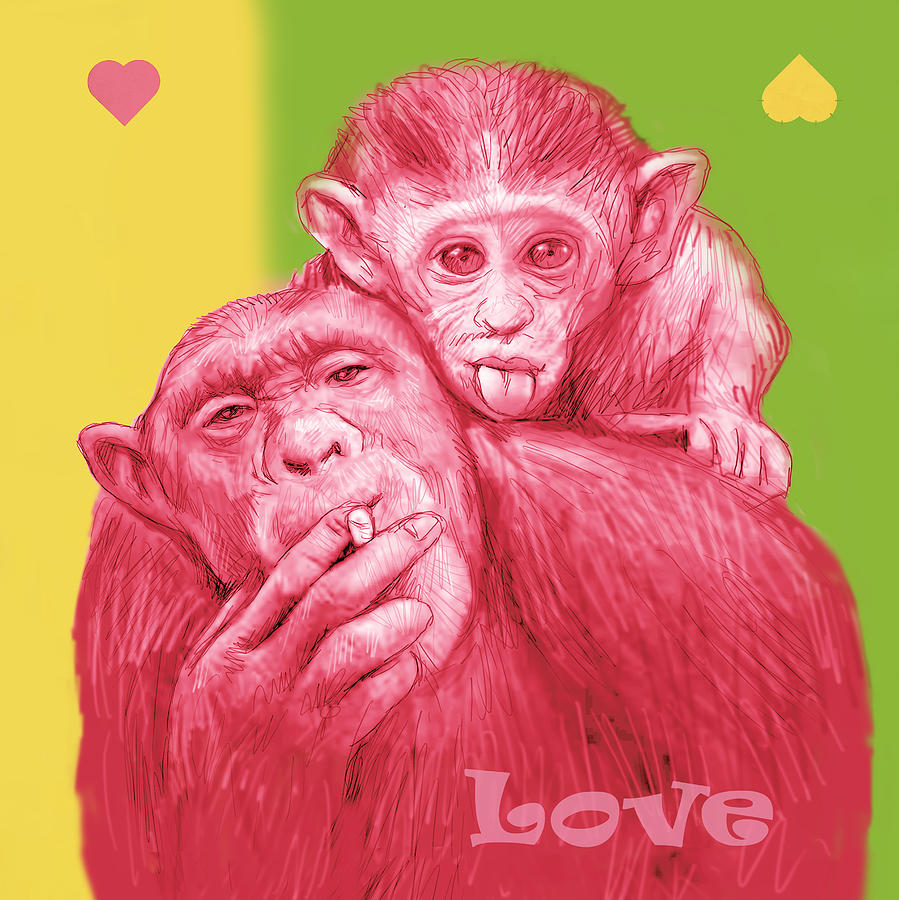 Portrait Drawing - Monkey love with mum - stylised drawing art poster by Kim Wang