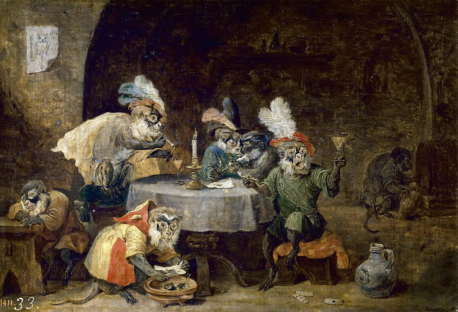 Monkeys smoking and drinking Painting by David Teniers the Younger