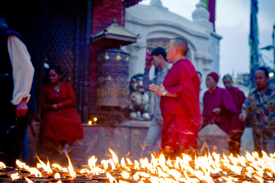 Monks at morning near stupa Boudhanath doing kora NEPAL Kathmandu MUKTIANTH YATRA 2013 Artmif.lv Photograph by Raimond Klavins