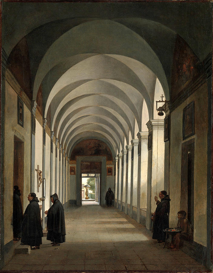 Francois Marius Granet Painting - Monks in the Cloister of the Church of Gesu e Maria. Rome by Francois Marius Granet