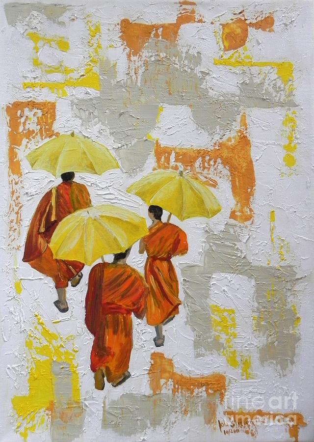 Monks With Umbrella Painting by Jolanta Shiloni