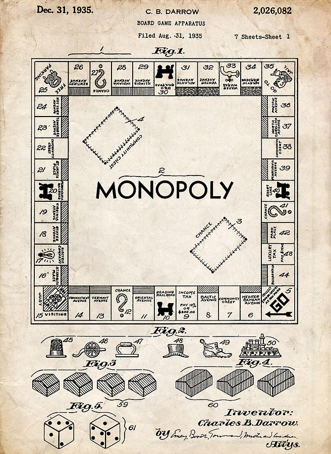 Monopoly Game Patent Art Drawing by Stephen Chambers