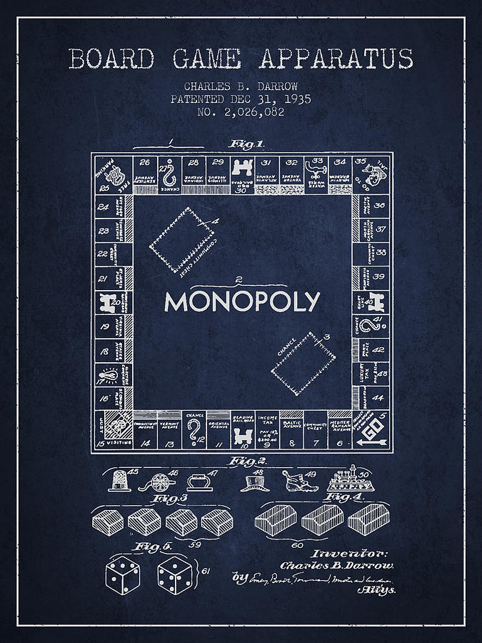 Monopoly Digital Art - Monopoly Patent from 1935 - Navy Blue by Aged Pixel