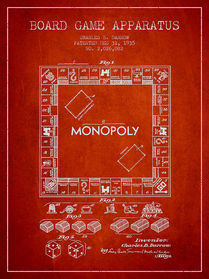 Monopoly Digital Art - Monopoly Patent from 1935 - Red by Aged Pixel