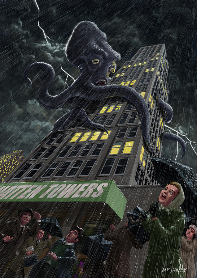 Monster Painting - Monster Octopus attacking building in storm by Martin Davey