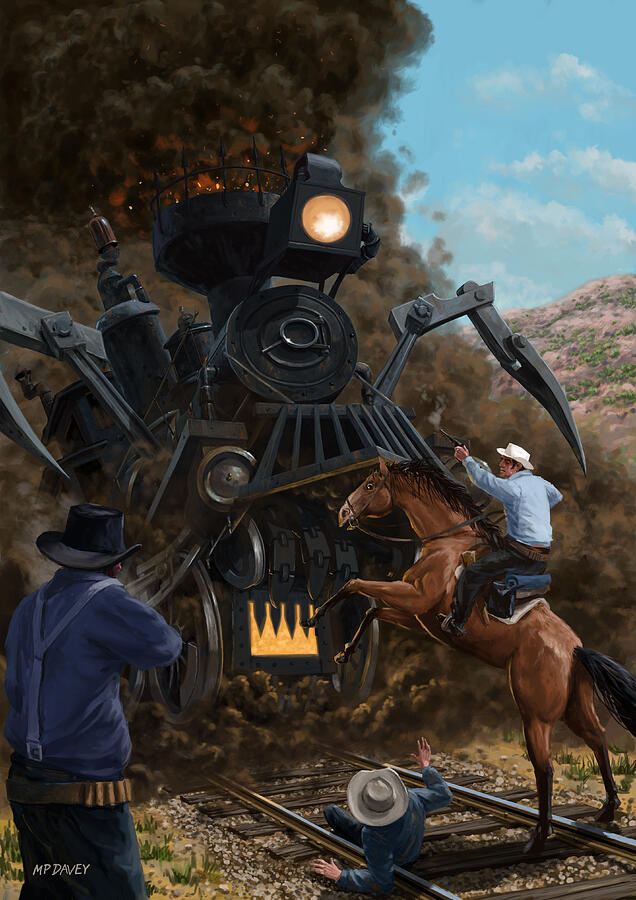 Science Fiction Digital Art - Monster Train attacking Cowboys by Martin Davey