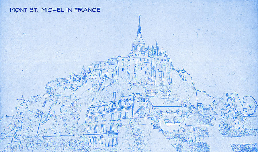 Mont St Michel in France  - BluePrint Drawing Digital Art by MotionAge Designs