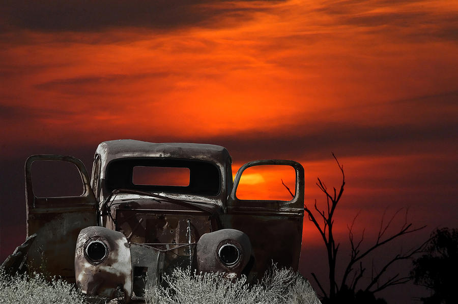 Sunset Photograph - Montage of an old car and sunset by Grobler Du Preez