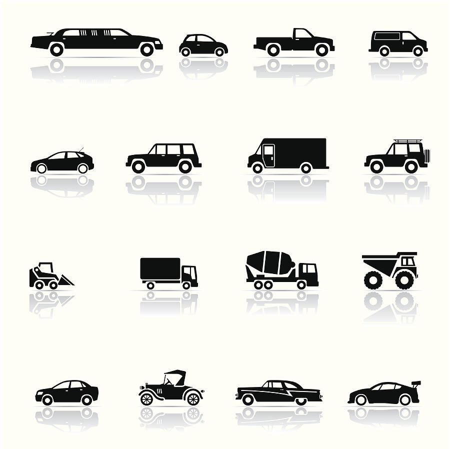 Montage of black and white vehicle icons Drawing by Roccomontoya