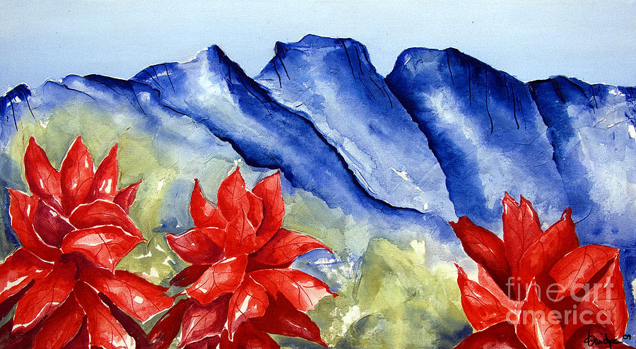 Monterrey Mountains with Red Floral Painting by Kandyce Waltensperger