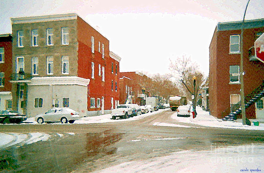 Winter Painting - Montreal Art Winter Street Scene Painting The Point Psc Rowhouses In January Snow Cspandau by Carole Spandau