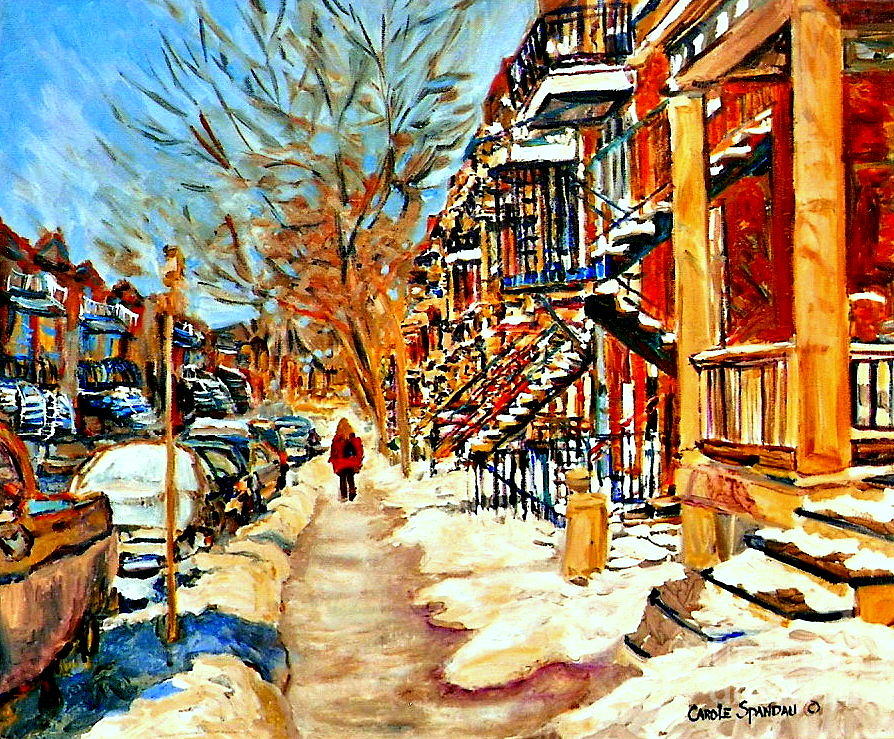 Montreal Art Winterwalk In Montreal Street Scene Painting Painting by Carole Spandau