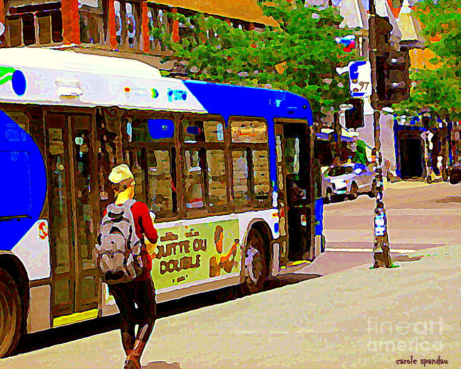 Montreal Bus Scenes Catching The 97 Bus Pontiac Corner Mont Royal Urban Montreal Art Carole Spandau Painting by Carole Spandau