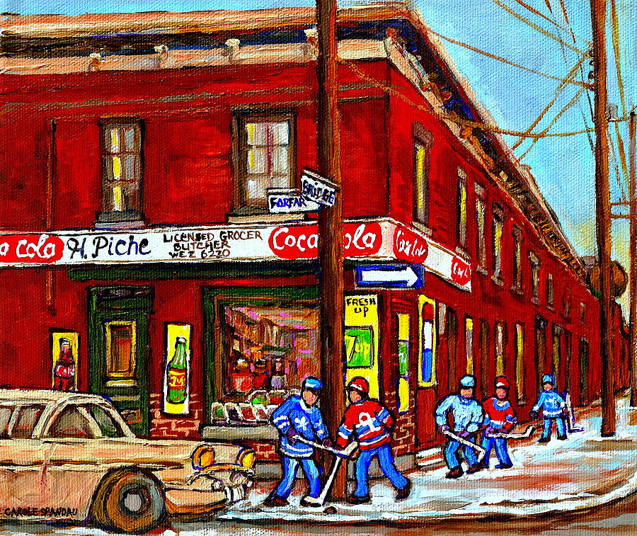 Montreal Depanneur Epicerie Boucherie Coca Cola South West Montreal Winter Pantings Hockey Art  Painting by Carole Spandau