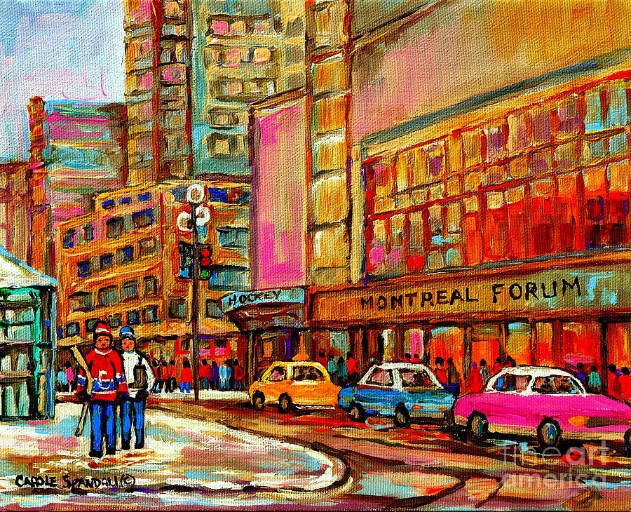 Montreal Forum  Winter Scene Paintings Snowy Day Downtown Strolling Atwater C Spandau  Painting by Carole Spandau