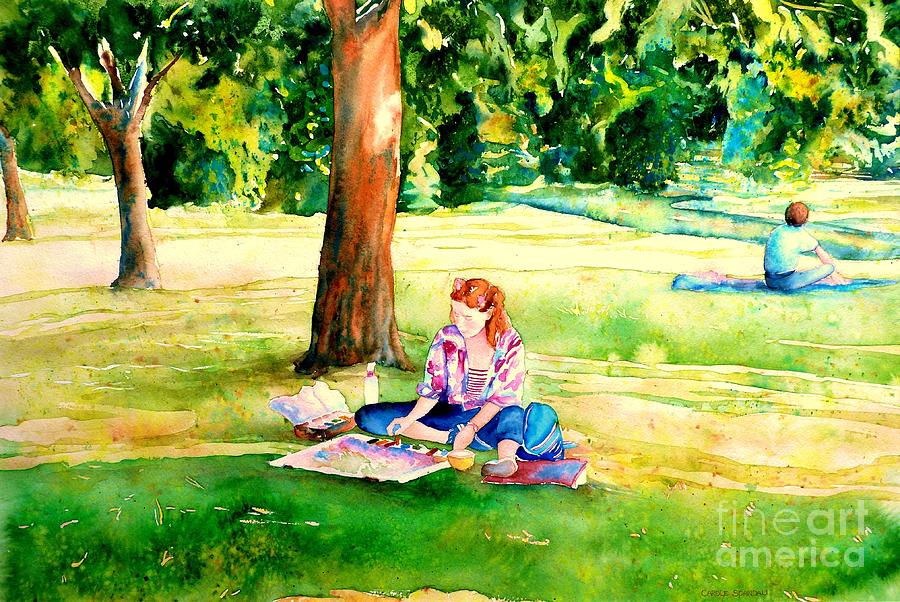 Little Girls Playing Painting - Montreal Paintings Artist In The Park Westmount Scenes Carole Spandau by Carole Spandau
