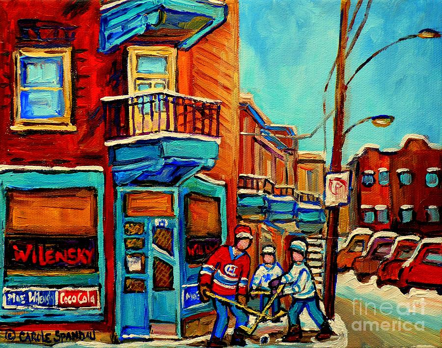 Hockey Painting - Montreal Paintings Hockey Near Wilensky Doorway Montreal Winter City Scene Carole Spandau by Carole Spandau