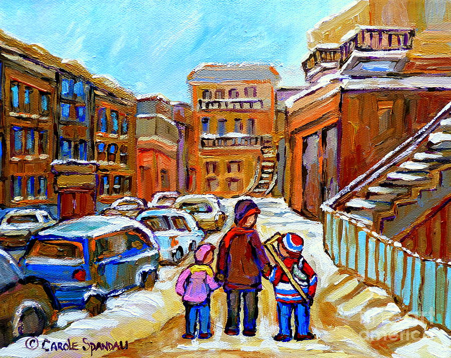 Montreal Paintings Winter Walk Past The Old School Snowy Day City Scene Carole Spandau Painting by Carole Spandau