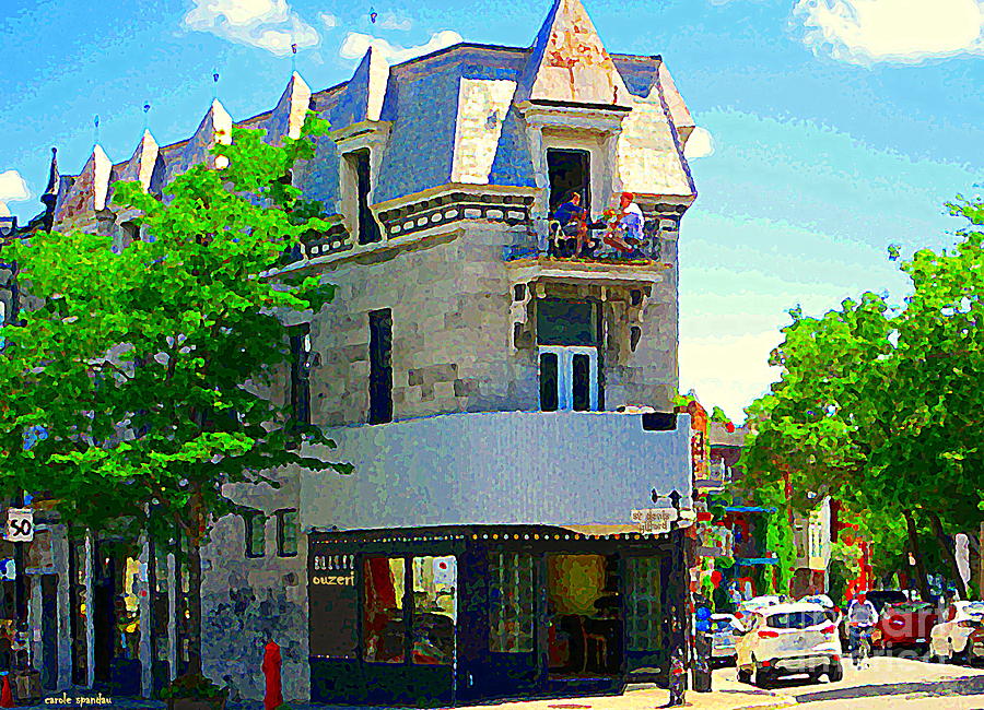 Montreal Skyline Ouzeri Cafe Summerlicious Greek Resto Sky Box Window Seats City Scene C Spandau  Painting by Carole Spandau