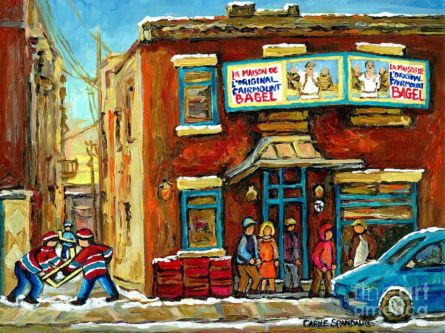 City Scene Painting - Montreals Favorite Bagel Shop Original Fairmount Bagel Laneway Hockey Game By Carole Spandau by Carole Spandau